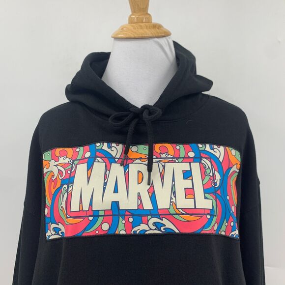 Marvel Hoodie Womens L Large Black Patch Logo Pullover Fleece Sweatshirt New - Picture 3 of 15